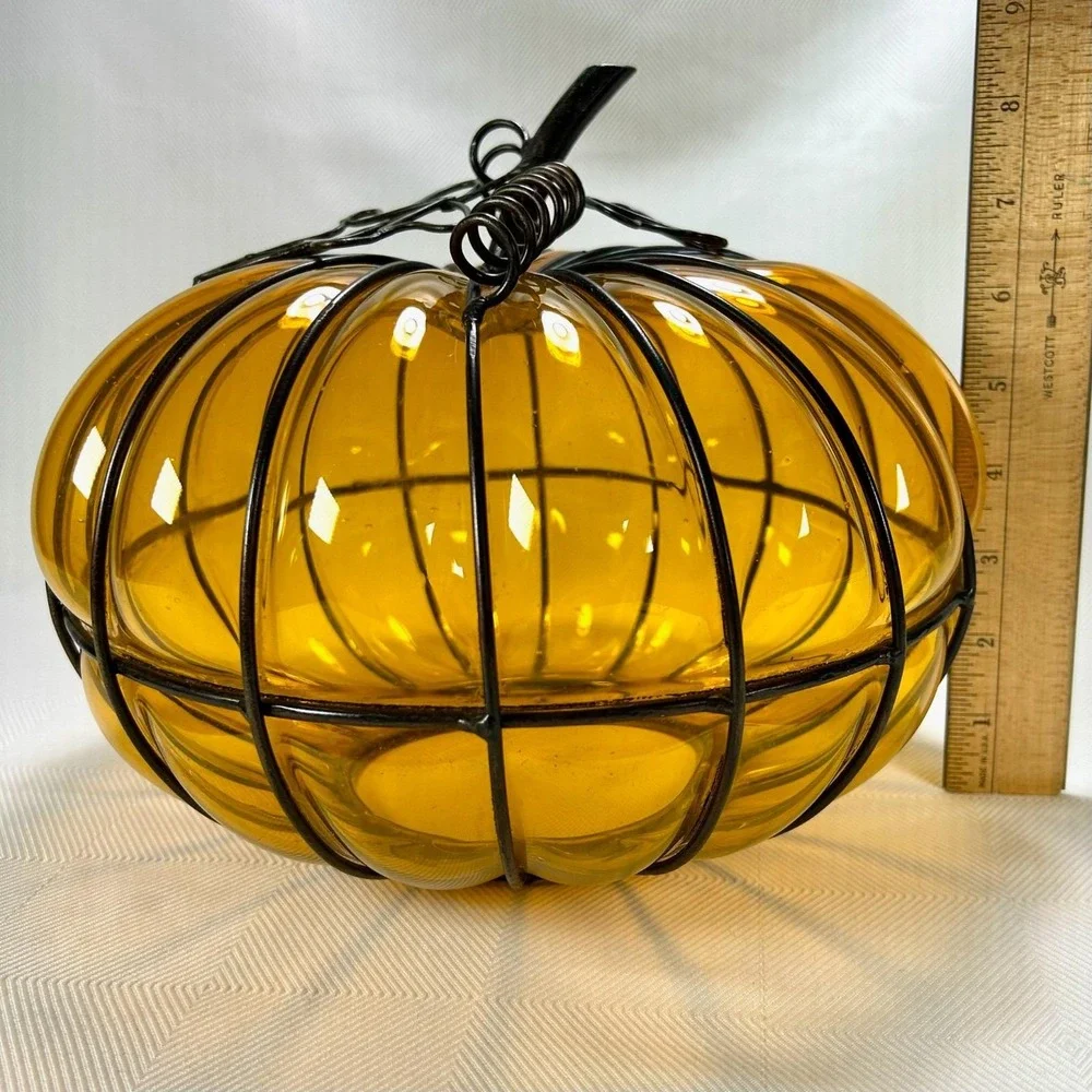 Hand-Blown Amber Glass Metal Caged Pumpkin Decor/Shade/Candle Lantern Halloween